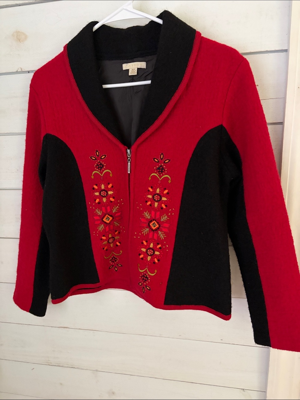 Vintage Carson Red Black Boiled Wool Embroidered Full Zip Jacket Small Boho